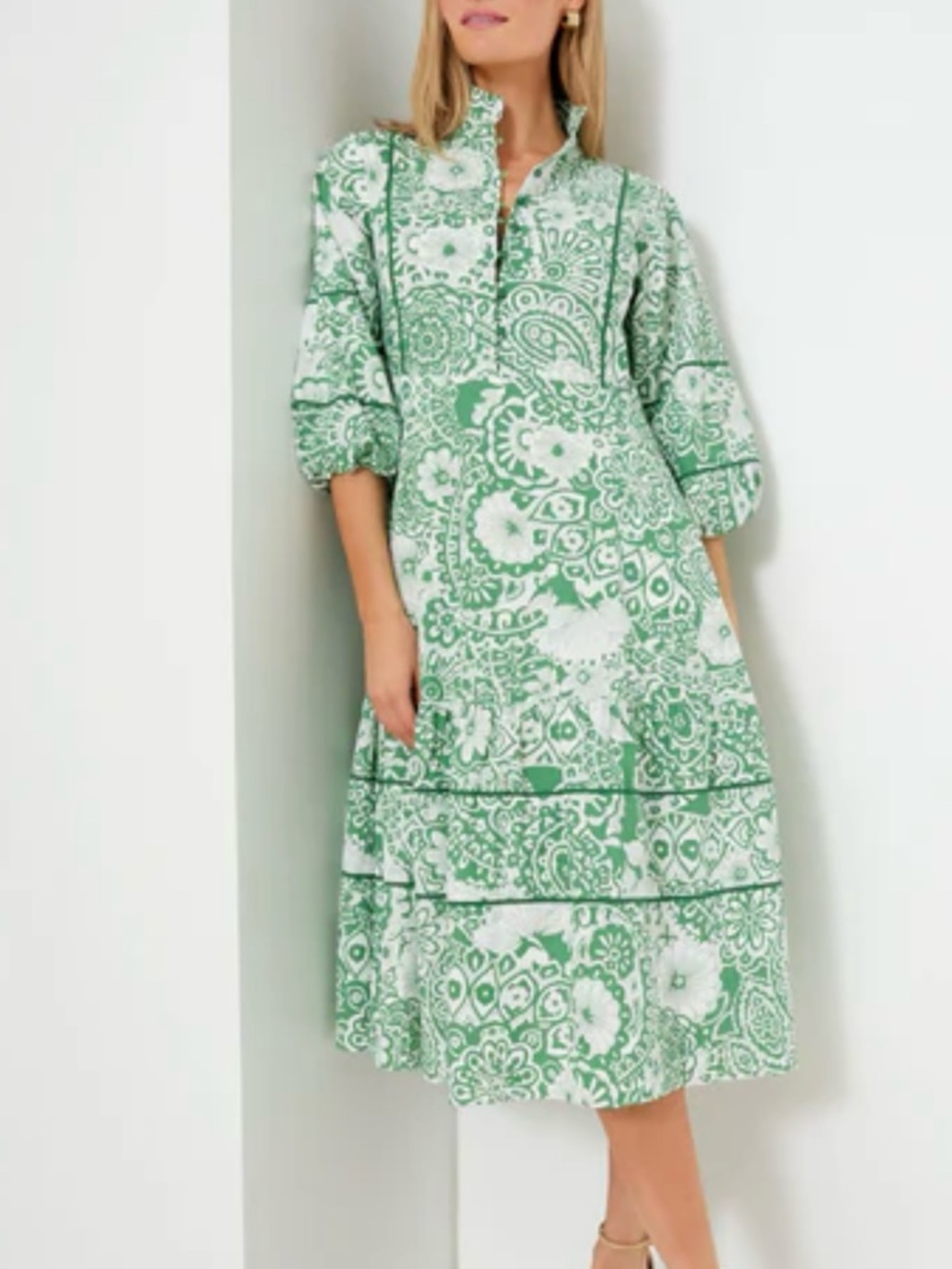 NWT XXS Hyacinth House Green and White Floral Hillsborough midi dress